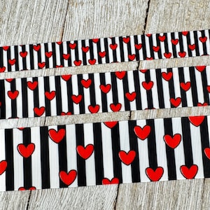Cinta de grogrén con estampado de rayas negras y corazones rojos - 1,6 cm - 2,2 cm - 2,5 cm - 3,8 cm - Para coser - Manualidades - Decoración - Lazos - Fiestas - Llaveros - Collares