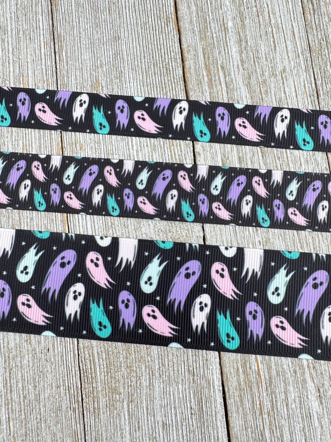 Purple Pink & Teal Ghosts Black Background Printed Grosgrain Ribbon: 5/ ...
