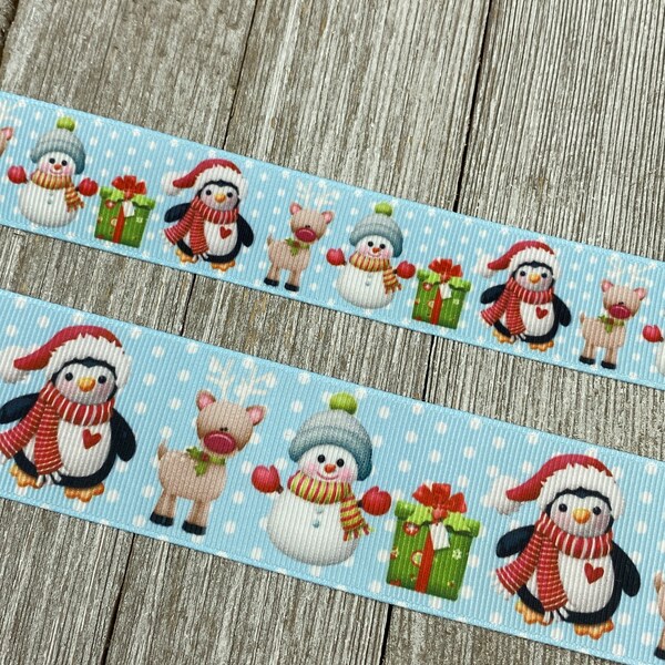 Cute Snowmen, Reindeer and Penguins Printed Grosgrain Ribbon - 1" - 1.5" - Sew - Craft - Snowflake - Christmas - Party - Gift Wrap