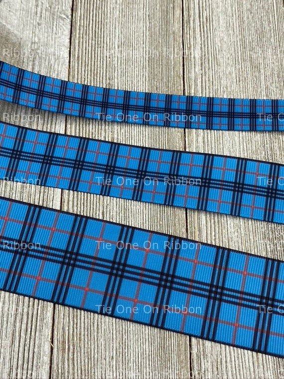 Shades of blue and white plaid grosgrain ribbon 5/8 7/8 1.5" BTY 