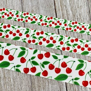 Red Cherries Printed & White Background Grosgrain Ribbon - 5/8&quot; - 7/8&quot; - 1.5&quot; - Craft - Bake Label - Hair Bow - Gift Wrap - Tag - Cherry Pie