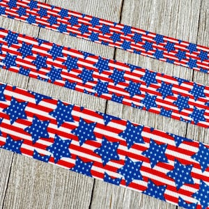 Patriotic Blue Print Stars & Red Stripes Printed on White Grosgrain Ribbon - 5/8&quot; - 1&quot; - 1.5&quot; - USA - Craft - Parade - Wreath - Tag - Wrap