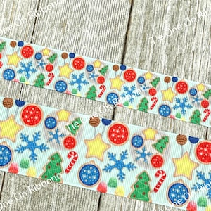 Sale! 5 Yards Christmas Cookies For Santa On Pale Blue  Printed Grosgrain Ribbon -  7/8&quot; - 1.5&quot;  - Craft -  Cookie - Baking - Wrap - Tags