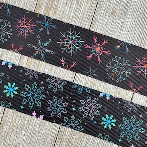 SALE!!!  Choice of 1.5&quot; Snowflakes on Black Background Printed Grosgrain Ribbon - Sew - Craft - Tag - Hair Bow - Gift Wrap - Tree Decor