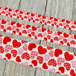 Pink and Red Dotted Hearts on White Printed Grosgrain Ribbon - 5/8 - 7/8 - 1 - 1.5 Inch - Sewing - Crafting - Decor - Love - Bow - Scrapbook