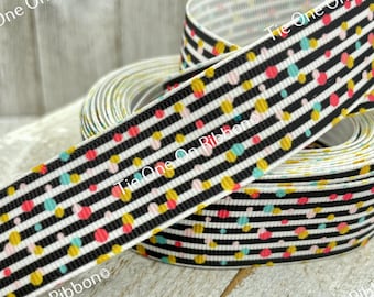 SALE! 3 Yards Black Stripe and Pastel Confetti Dots Printed Grosgrain Ribbon - 1" - Sew - Craft - Decorating  - Hair Bow -  Party - Shower