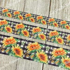 Sunflowers And Foliage on Black Checks Grid Printed Grosgrain Ribbon - 5/8&quot; - 1&quot; - 1.5&quot; - Sewing - Crafting - Decor - Bow - Shower