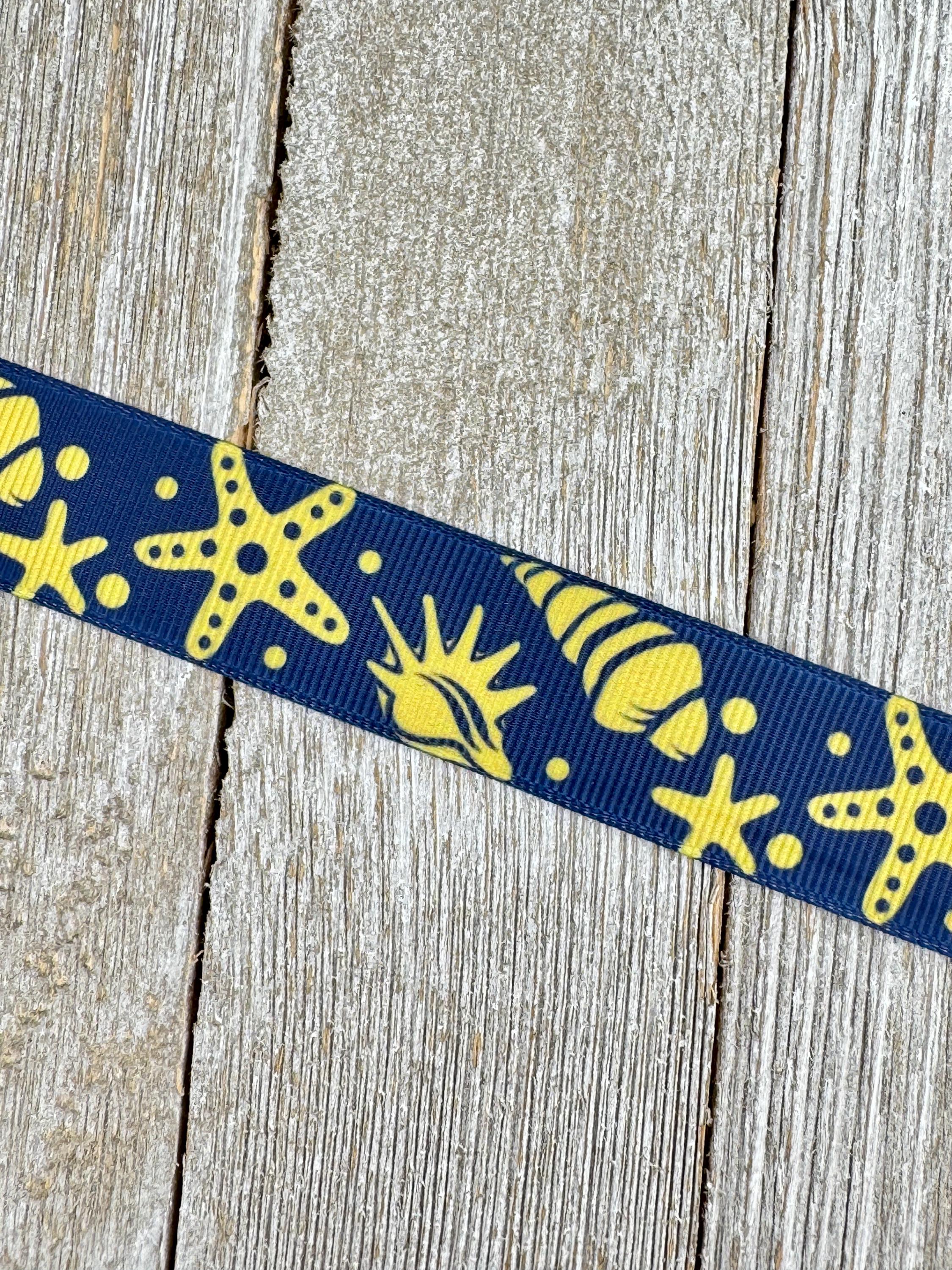 Shell Ribbons Sale! 5 Yards Yellow-gold Sea Shells on Navy Printed Grosgrain Ribbon ...
