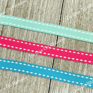 3/8&quot; -  Choice of White Saddle Stitched Aqua, Hot Pink or Turquoise Printed Grosgrain Ribbon - Sew - Craft - Party Favor - Scrapbook