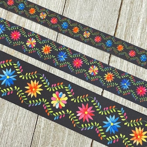 Bright Mexican Multi-Color Floral Print on Black Background Grosgrain Ribbon - 5/8" -  7/8" - 1" - 1.5" - Sewing - Crafting - Decorating