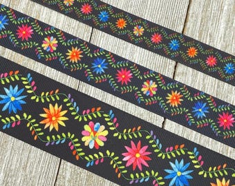 Bright Mexican Multi-Color Floral Print on Black Background Grosgrain Ribbon - 5/8" -  7/8" - 1" - 1.5" - Sewing - Crafting - Decorating
