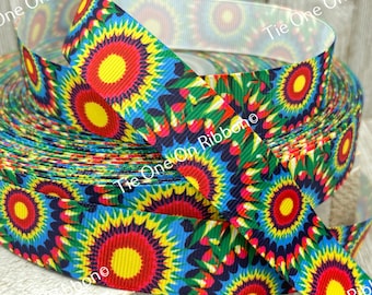 Bright Retro 70's Inspired Printed Grosgrain Ribbon - 7/8 Inch - Sewing - Crafting - Decorating - Costume - Bow - Decor - Wrap - Tag