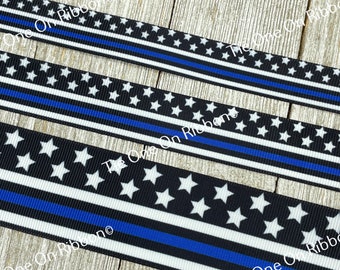 Thin Blue Line Police Support Print Grosgrain Ribbon - 5/8" - 7/8" - 1" - 1.5" - Sewing - Craft - Bow - Support