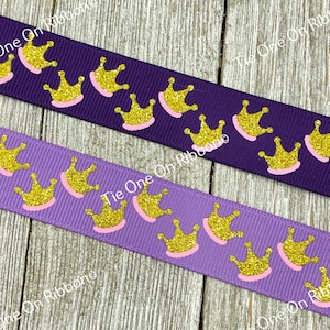 Sale! 3 Yards Choice of Color Glittering Princess Crowns on Solid Purple Grosgrain Ribbon - 7/8 Inch Wide - Sew - Craft  - Bow - Birthday
