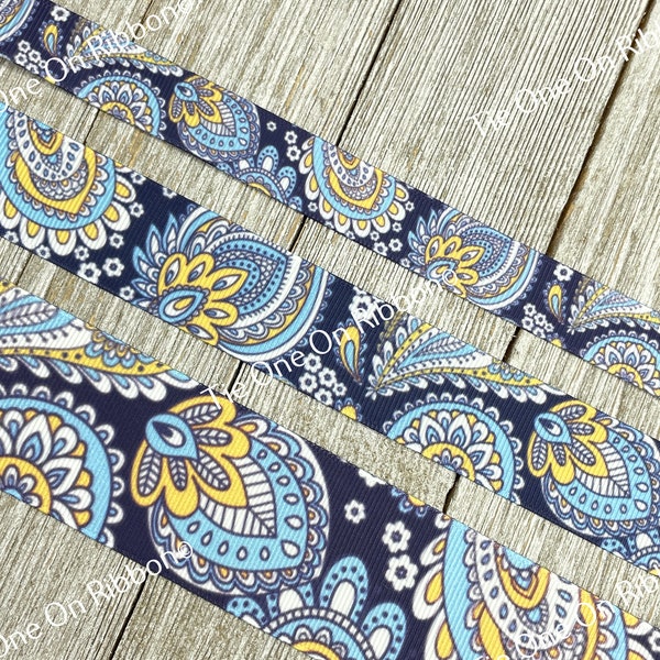 Large Blue And Yellow Paisley Floral Printed Grosgrain Ribbon - 5/8" - 7/8" - 1" & 1.5" - Sewing - Crafting - Decor - Bow - Collars