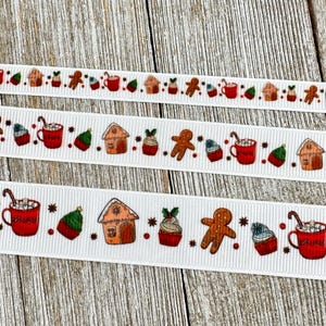 Gingerbread Men House  Cookies Cocoa Printed On White Grosgrain Ribbon - 3/8&quot; - 5/8&quot; - 7/8&quot; - Sew - Craft- Christmas - Baking Label - Wrap
