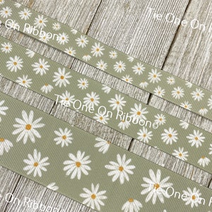 White Daisies on Sage Eucalyptus Green Printed Grosgrain Ribbon - 5/8&quot; - 7/8&quot; - 1.5&quot; - Sew - Craft - Baby Shower - Tag - Wrap - Bow - Collar