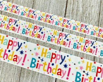 Fita de gorgorão estampada com bolinhas e estrelas para "Feliz Aniversário" - 1,6 cm - 2,2 cm - 3,8 cm - Costura - Artesanato - Banner de aniversário - Laços - Festa - Scrapbook