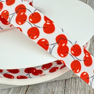 Bright Red Stemmed Cherries On White Grosgrain Printed Ribbon - 7/8&quot; - Craft - Decor - Hair Bow - Gift Wrap - Wreath - Tag - Cherry Pie