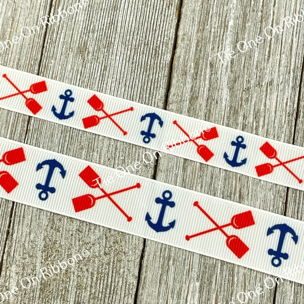 Anchors And Oars Nautical Sailing Boating Printed Grosgrain Ribbon - 5/8" -  7/8" -  Sew - Craft - Decor - Bow - Collars - Lanyard - Key Fob