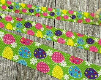 Brightly Decorated Easter Eggs On Green Printed Grosgrain Ribbon - 5/8"- 7/8"- 1" - 1.5" - Sewing -Crafting -Decorating - Bow - Scrapbooking