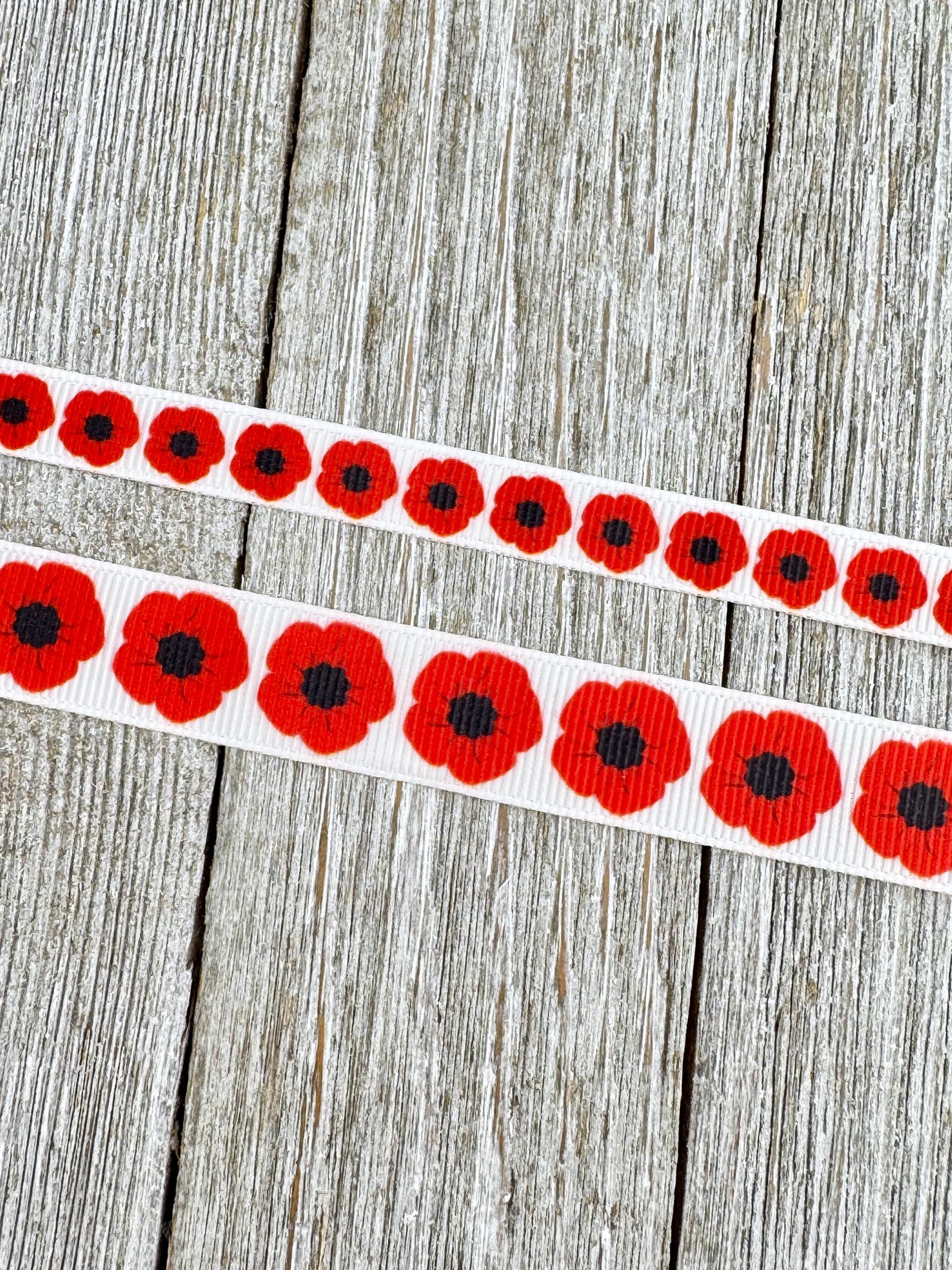 Red Poppies Remembrance Veteran Memorial on White Grosgrain