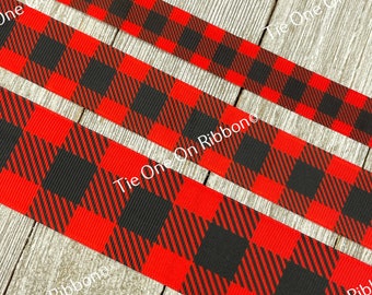 Red and Black Large Buffalo Check Plaid Printed Grosgrain Ribbon -  5/8"- 7/8" - 1" - 1.5" - Sewing - Crafting - Decorating - Luggage