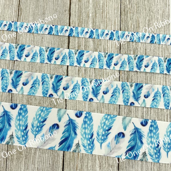 Lot 2 Light Blue & Gray Feathers on White Printed Grosgrain Ribbon - 3/8" - 5/8" - 7/8" - 1.5" - Sew - Craft - Decor - Hair Bow -Lanyard