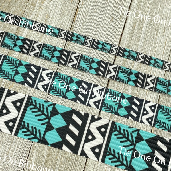 Turquoise and Black Tribal Stripes Printed Grosgrain Ribbon -  3/8" - 5/8" - 7/8" - 1.5" - Sewing - Crafting - Decorating - Bow - Dog Collar