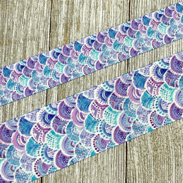 Dot Detail Purple And Blue Tail Scales Mermaid Printed Grosgrain Ribbon -  7/8" - 1.5" - Sew - Craft - Decorating - Bow - Wreath - Lanyard