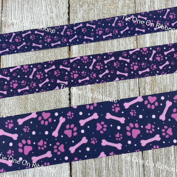 Purple on Purple Dog Bones & Paw Prints Printed Grosgrain Ribbon - 5/8" - 7/8" - 1.5" - Sew - Craft - Hair Bow - Collar - Gift Wrap - Tag -