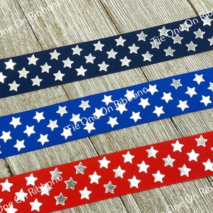 Patriotic Silver Foil Shining Stars In 3 Colors Printed Grosgrain Ribbon -  1 Inch - Sewing - Crafting - Decor - Parade - July - Party