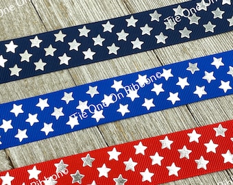 Patriotic Silver Foil Shining Stars In 3 Colors Printed Grosgrain Ribbon -  1 Inch - Sewing - Crafting - Decor - Parade - July - Party