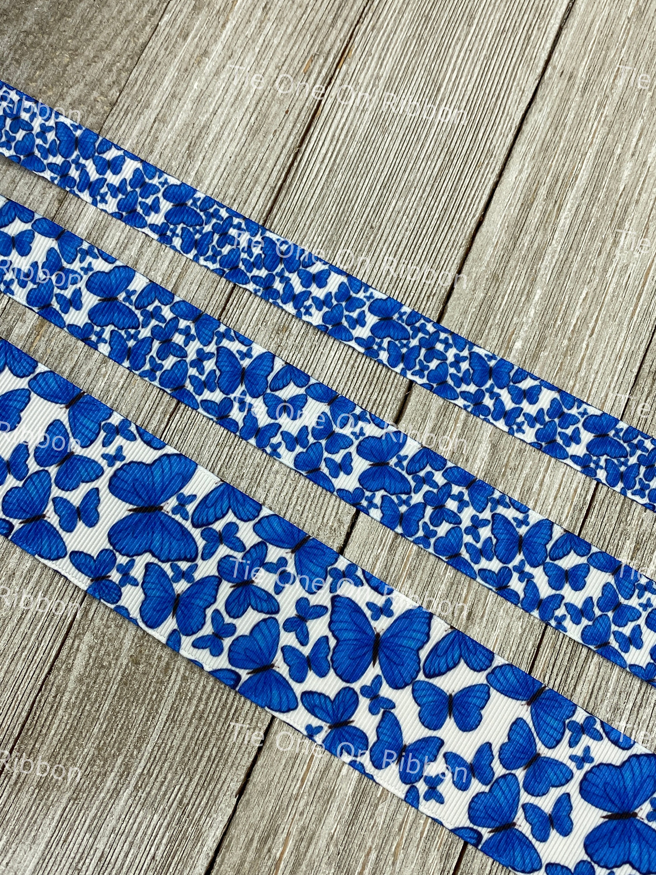 Bright Blue Butterflies Printed on White Grosgrain Ribbon - Etsy