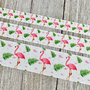 Pink Flamingos & Palm Leaves Grosgrain Ribbon - 5/8&quot; - 7/8&quot; - 1.5&quot; - Sew - Craft - Hair Bow - Luggage Tags - Key Fobs - Bows - Collars