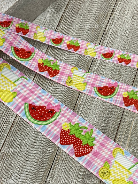 PRINTED GROSGRAIN RIBBON 3/8 Inch By the 3 & 5 Yards Strawberry