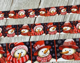 Ruban gros-grain imprimé de Noël avec bonhomme de neige carrelé, bonnet et écharpe rouges : 5/8", 7/8", 1", 1,5"