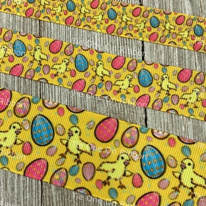 SALE! 5 Yards Retro Style Spring Easter Chick Eggs Printed Grosgrain Ribbon - 5/8 - 7/8 - 1.5 - Hair Bow - Printed Ribbon - Easter Basket