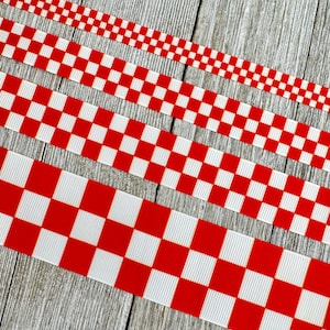Red and White Checkered Plaid Checked Printed Grosgrain Ribbon - 3/8&quot; - 5/8&quot; - 7/8&quot; - 1.5&quot; - Craft - Gift Wrap - Picnic Basket - Football