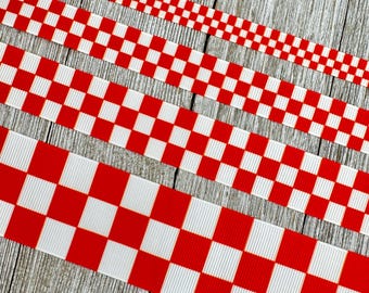 Red and White Checkered Plaid Checked Printed Grosgrain Ribbon - 3/8" - 5/8" - 7/8" - 1.5" - Craft - Gift Wrap - Picnic Basket - Football