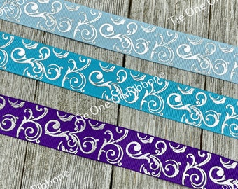 Silver Foil Swirls On Solid Color Grosgrain Ribbon - Pale Blue, Royal Purple or Turquoise  - 7/8 Inch - Craft - Decorating - Wedding - Gift