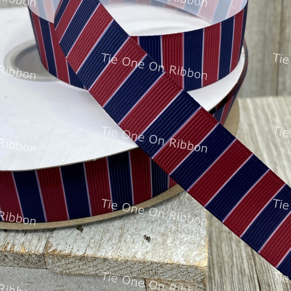 Sale! Navy and Burgundy Vetical Stripe Printed Grosgrain Ribbon - 7/8" - Sew- Craft- Decor - Bow - Dog Collar - Football Team - Soccer