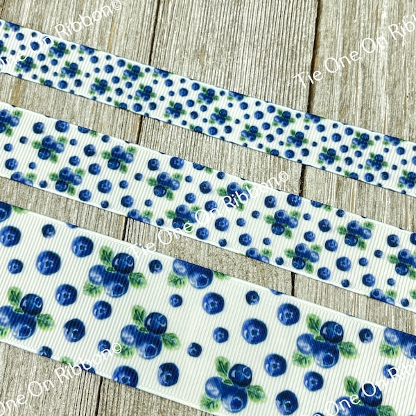 Lot 2 Fresh Summer Blueberry Fruit Printed Grosgrain Ribbon -  5/8" - 7/8" - 1.5" Wide - Sewing - Crafting - Decorating - Lanyard - Bow