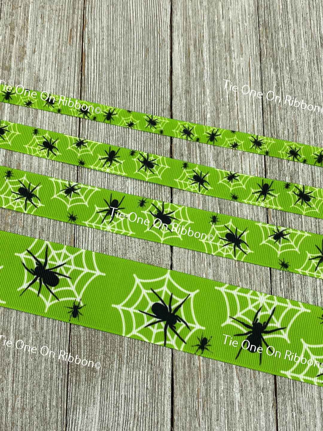 Spider Ribbon Black Spiders and White Webs on Bright Green Background Printed ...
