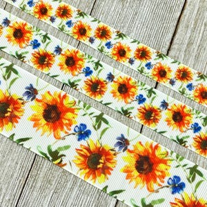Sunflowers & Petite Blue Blooms Floral Printed Grosgrain Ribbon- 5/8&quot; -7 /8&quot;- 1.5&quot; - Sew - Craft - Hair Bow - Wedding - Shower Luggage Tag