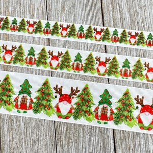 Holiday Gnomes Reindeer Christmas Trees Printed Grosgrain Ribbon: 5/8", 7/8",  1.5", Gift Wrap, Dog Collar, Gift Basket