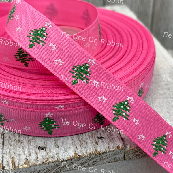 Green Christmas Trees Snow on Solid Pink Grosgrain Ribbon - 5/8" - Sew - Craft - Decor - Christmas Ornaments - Gift Wrap - Hair Ribbon