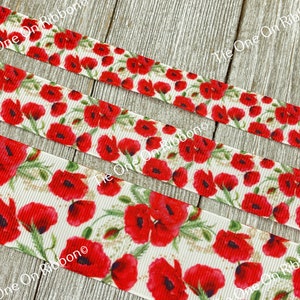 Fields of Red Poppies Printed on White Grosgrain Ribbon - 5/8