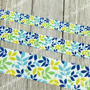 Cool Blue and Green Intricate Leaf Design Printed Grosgrain Ribbon -5/8 - 7/8 - 1 -  & 1.5 Inch - Sewing - Crafting - Decor - Wreath - Tag