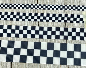 Black & White Racing Checkered Check  Grosgrain  Printed Ribbon: 3/8" - 5/8" - 7/8" - 1.5" - Craft - Gift Wrap - Racing Flag - Team Ribbon